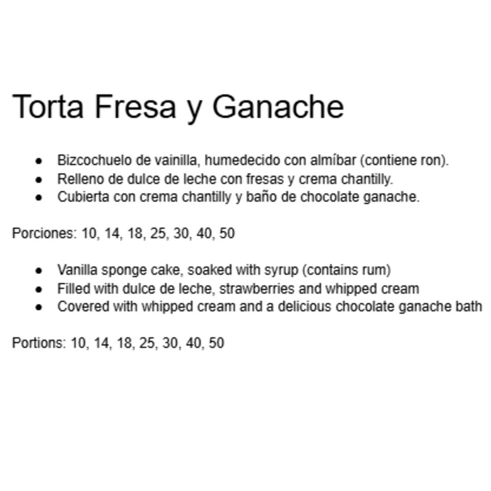 Text describing "Torta Fresa y Ganache" (Strawberry and Ganache Cake) ingredients and portion sizes.
