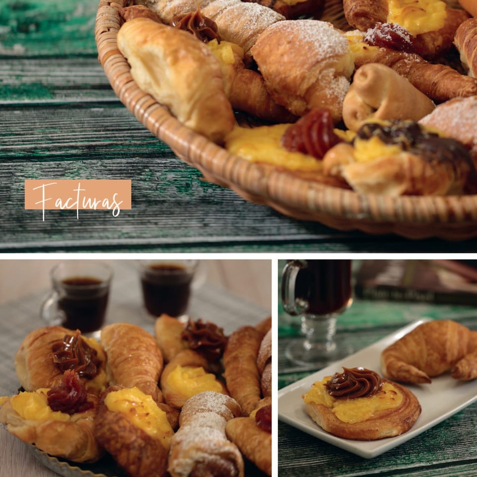 A collage of Argentinian facturas, including croissants with dulce de leche and pastries with custard.