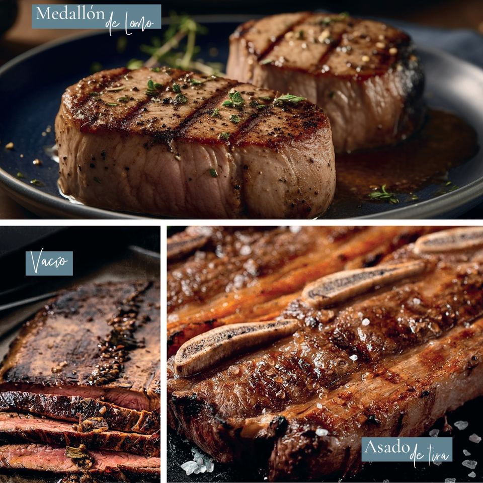 A collage of three Argentinian meat dishes: beef medallions, sliced flank steak, and grilled short ribs.