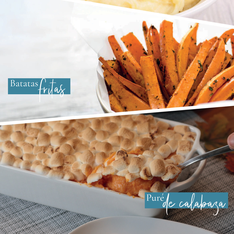 Sweet potato fries in a white bowl and mashed sweet potatoes with toasted marshmallows in a baking dish.